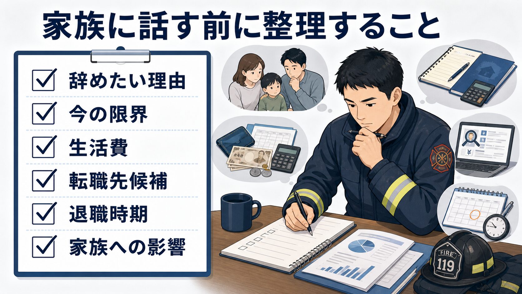 消防士を辞めたい人が家族に話す前に整理することのチェックリスト図解
