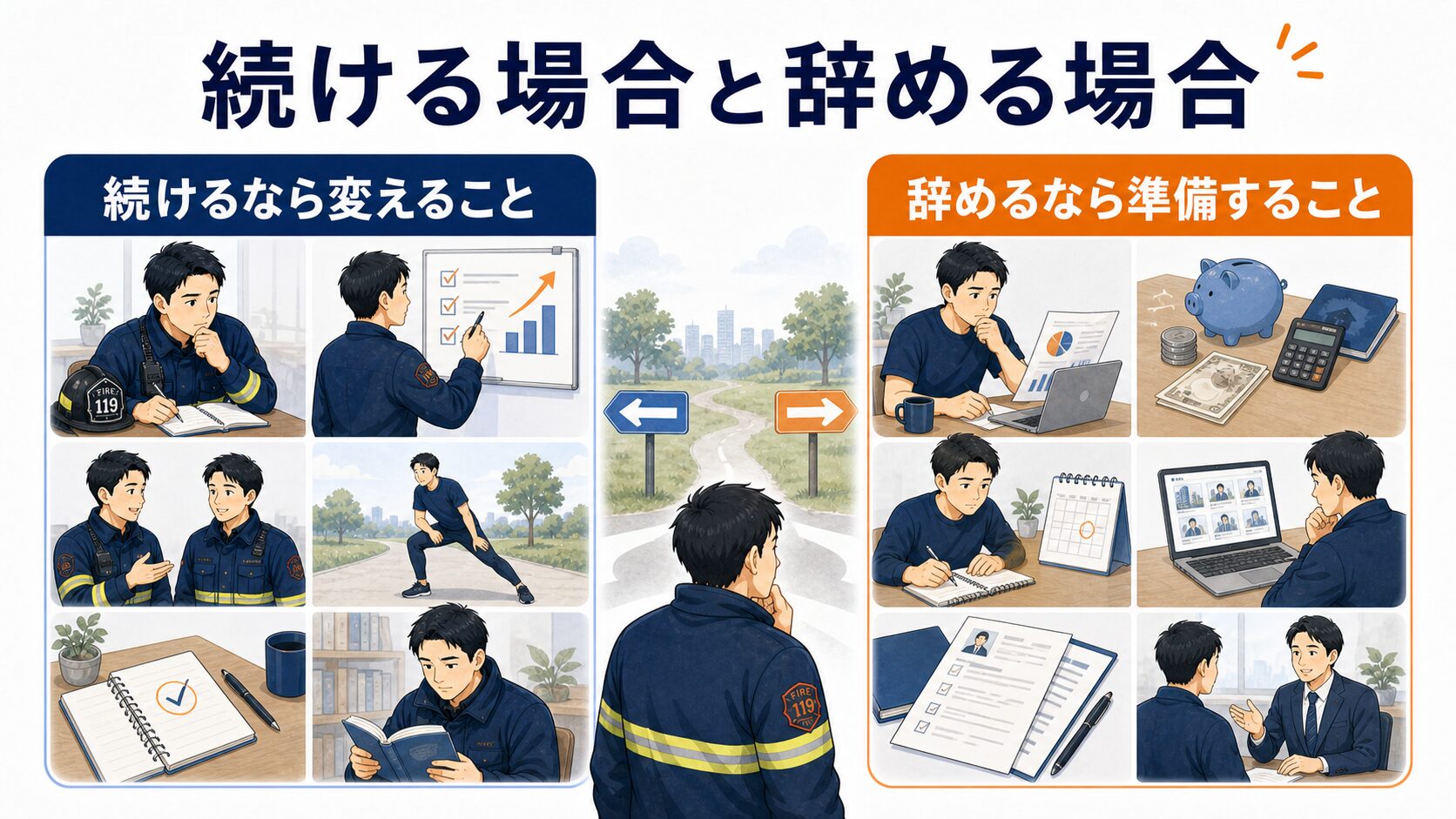 消防士を続ける場合と辞める場合に必要な準備を比較した図解