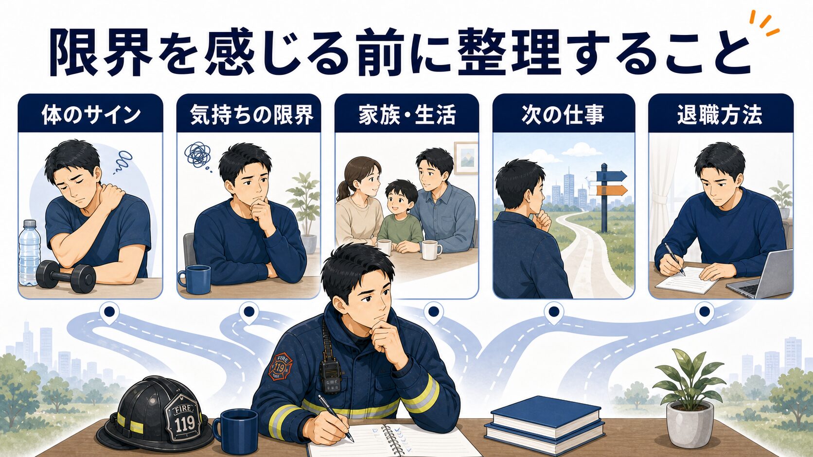 消防士が限界を感じる前に体のサインや家族生活などを整理する図解