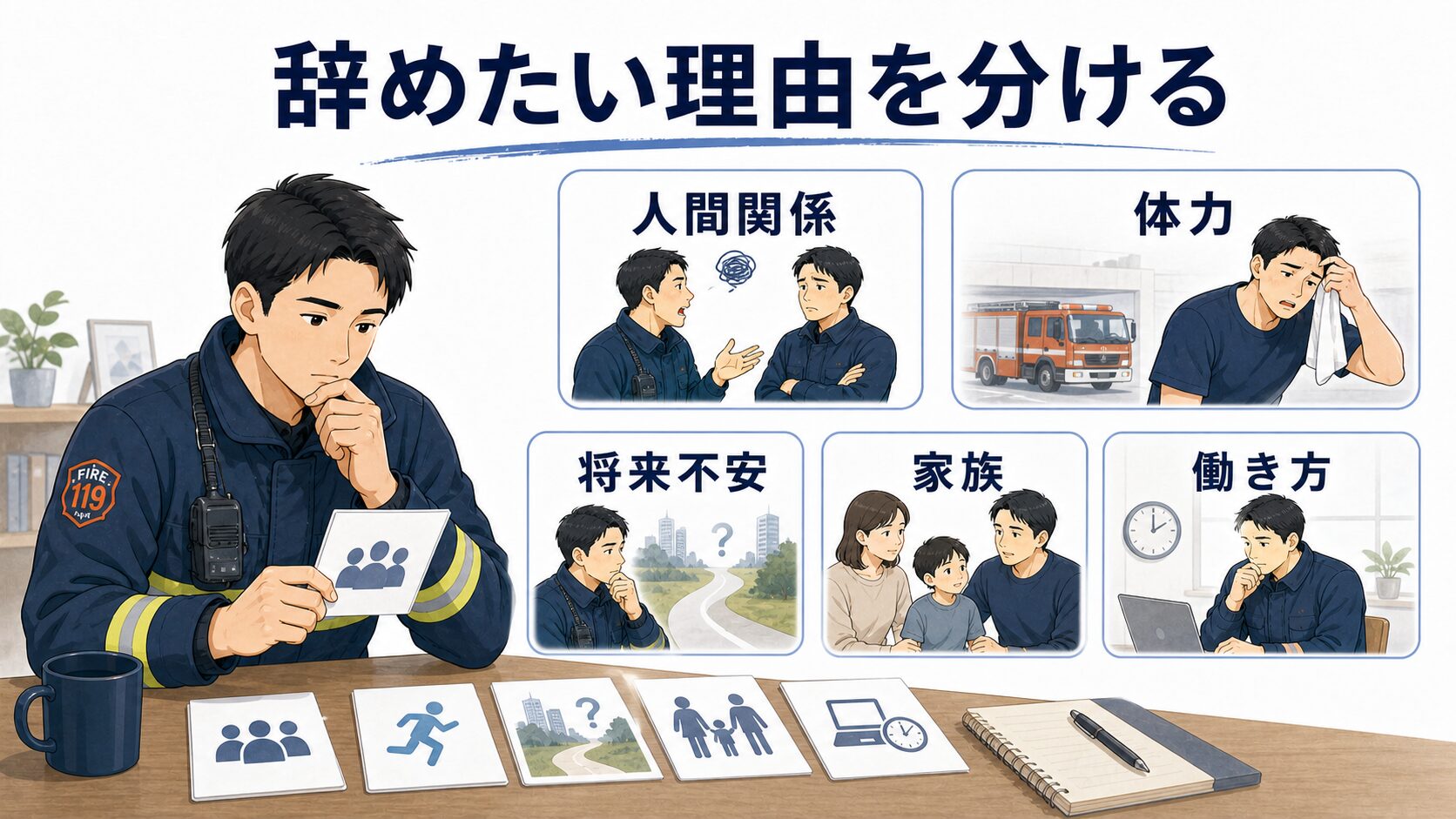 消防士を辞めたい理由を人間関係や勤務体系などに分ける図解