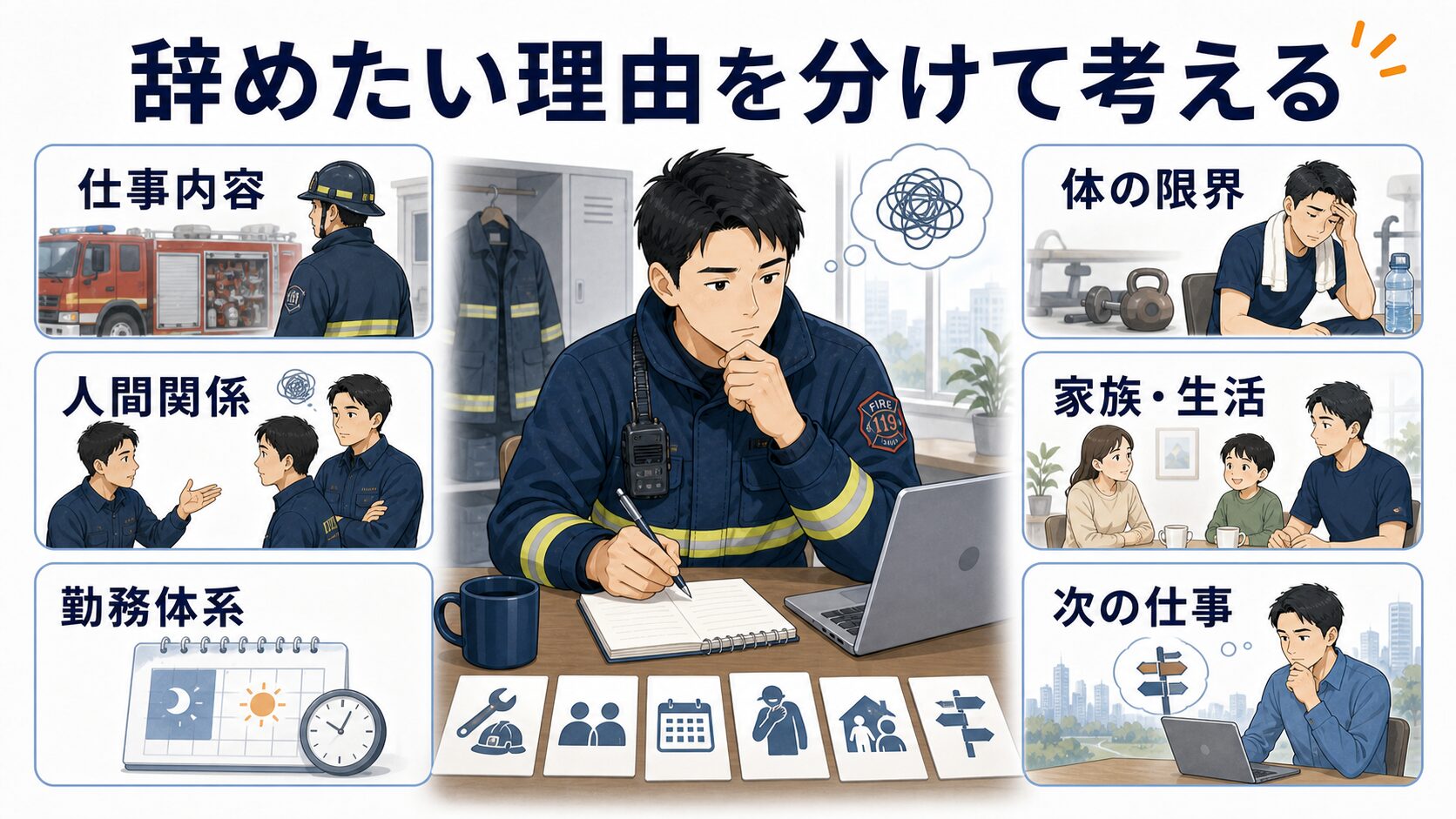 消防士を辞めたい理由を仕事内容や人間関係などに分けて考える図解