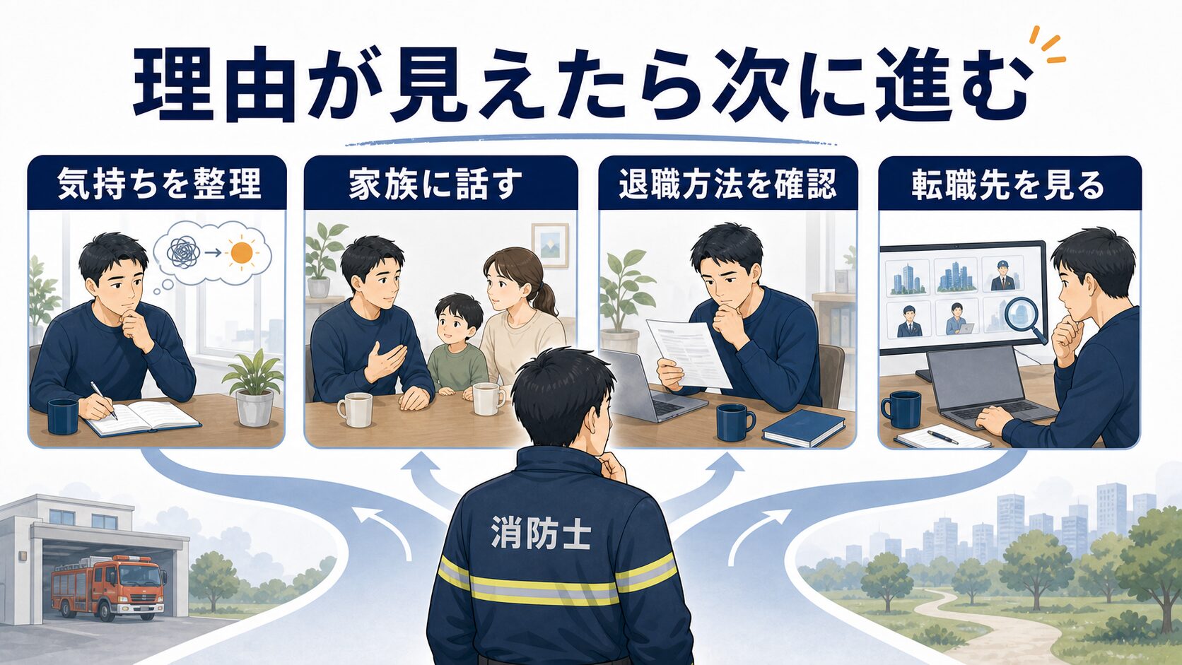 消防士を辞めたい理由が見えた後に家族や生活費など次に整理することを示す図解