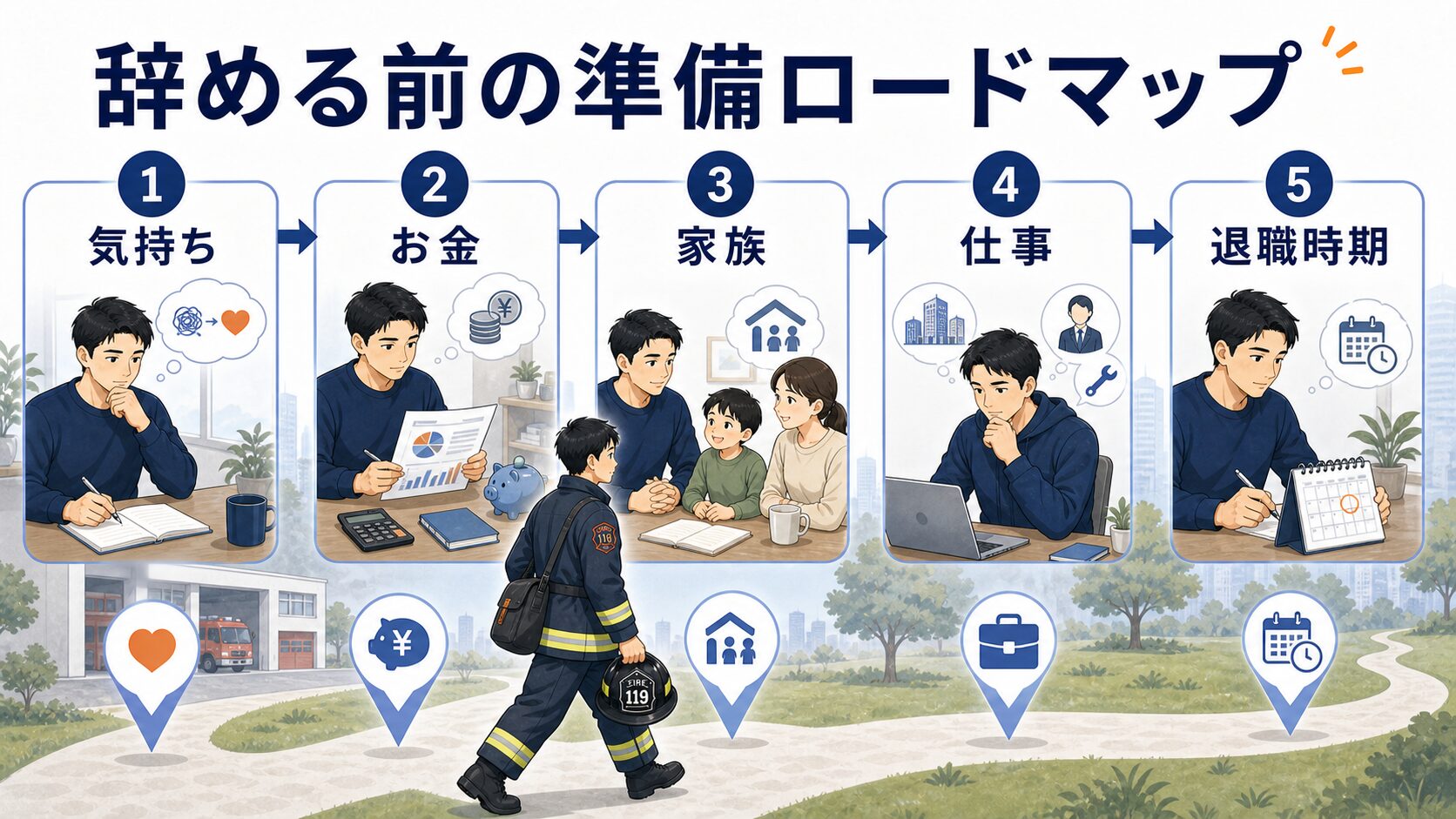 若手消防士が辞める前に気持ちお金家族仕事退職時期を整理するロードマップ図解